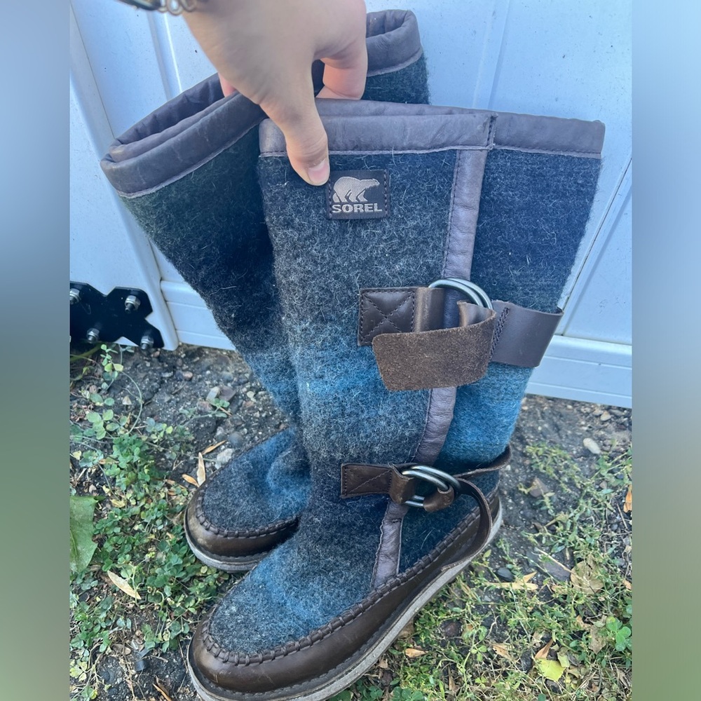 Sorel Wool Boots Blue Green Brown Leather Trim